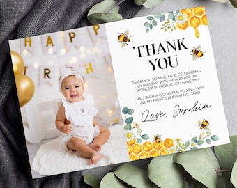 EDITABLE Bee Thank You Card, Bee Birthday Party Picture Thank You Card, Honey Bee Birthday Favor Card, First Bee Day, Instant Download. B002