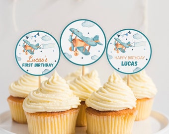 Adornos editables para cupcakes de cumpleaños con diseño de avión, adornos para fiestas de avión, decoración vintage de cumpleaños con diseño de avión, fiesta Time Flys, descarga instantánea A001