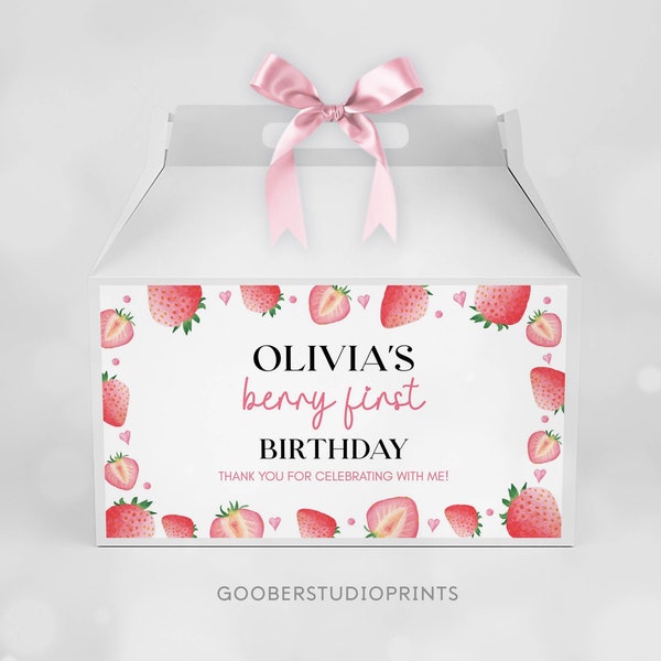 EDITABLE Strawberry Gable Gift Box Label, Strawberry Birthday Party Favor Box Gable Label, Berry Sweet Party Decor, Printable Template. S008