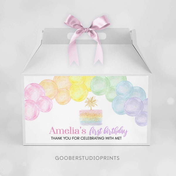 EDITABLE Pastel Rainbow Gable Gift Box Label, Pastel 1st Birthday Favor Box Gable Label, Pastel Party Decor, Printable Template. P010