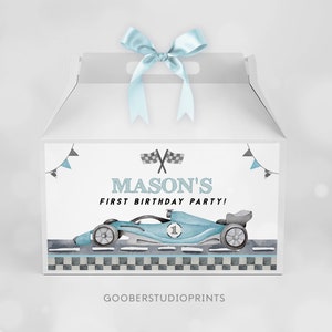BEWERKBARE raceauto verjaardag gevel geschenkdoos label, racewagen partij gunst doos etiketten, Fast One verjaardag decor, afdrukbare sjabloon R012