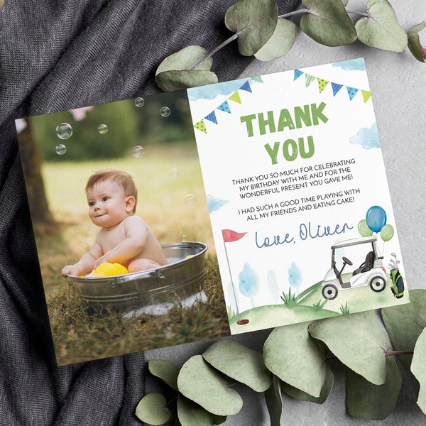 EDITABLE Golf Thank You Card, Golf Birthday Party Picture Thank You Card, Hole In One Birthday Favor Card, Instant Download. #G001