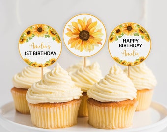 Editable Sunflower Cupcake Topper, Boho Sunflower Birthday Cupcake Topper, Rustic Floral Girl 1st Birthday Decor, Printable Template. S014