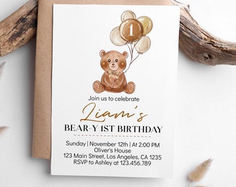 EDITABLE Bear First Birthday Invitation, Beary 1st Birthday Party, Teddy Bear Invitation, Minimal Baby Bear Invite, Instant Download. T004