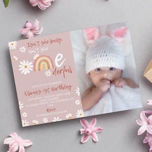 Editable Boho Rainbow 1st Birthday Invitation, Daisy First Birthday Invitation, Isn't She Lovely Isn't She Onederful, Instant Download. D004