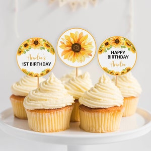 Editable Sunflower Cupcake Topper, Boho Sunflower Birthday Cupcake Topper, Rustic Floral Girl 1st Birthday Decor, Printable Template. S014