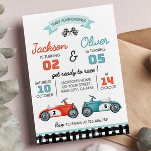 BEWERKBARE retro racewagen verjaardagsuitnodiging, te snel uitnodigen, gezamenlijke verjaardagsuitnodiging voor jongens, racewagenfeest, afdrukbare sjabloon. R005