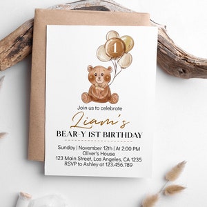 EDITABLE Bear First Birthday Invitation, Beary 1st Birthday Party, Teddy Bear Invitation, Minimal Baby Bear Invite, Instant Download. T004