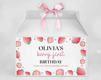 EDITABLE Strawberry Gable Gift Box Label, Strawberry Birthday Party Favor Box Gable Label, Berry Sweet Party Decor, Printable Template. S008