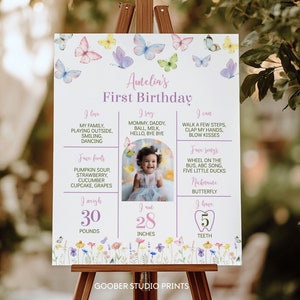 Tableau modifiable d'étape importante de papillon, affiche d'étape importante de photo de 1er anniversaire de fille, signe d'étape importante d'anniversaire de papillon, modèle imprimable. B015