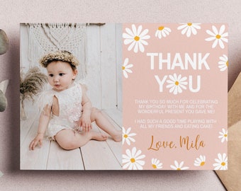 Daisy Birthday Photo Thank You Card, Daisy Birthday Party Favor Card, Boho Retro Daisy Decor Picture Thank You Card, Instant Download. #D003