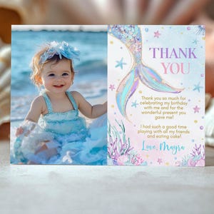 Carte de remerciement avec photo d'anniversaire de sirène, carte de cadeau d'anniversaire de sirène, carte de remerciement d'anniversaire sous la mer, imprimable. M010