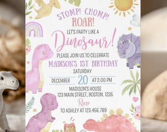 EDITABLE Dinosaur First Birthday Invitation, Girl 1st Birthday Invitation, Pink Dinosaur Invitation, Dino Party Invite, Printable. D014