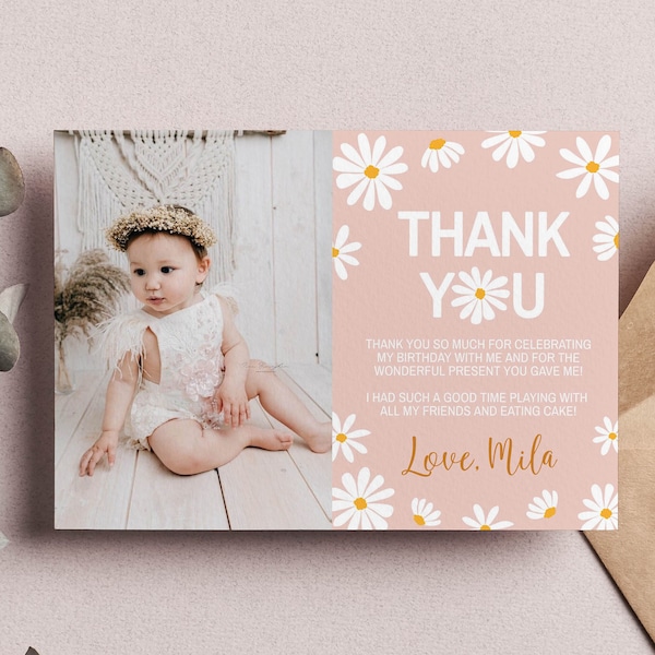 Daisy Birthday Photo Thank You Card, Daisy Birthday Party Favor Card, Boho Retro Daisy Decor Picture Thank You Card, Instant Download. #D003