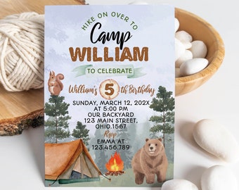 May include: A blue and green camping themed birthday invitation for a 5th birthday party. The invitation features a tent, a campfire, a bear, and a squirrel. The text on the invitation reads "HIKE ON OVER TO Camp WILLIAM TO CELEBRATE William's 5th Birthday SUNDAY, MARCH 12, 202X AT 5:00 PM OUR BACKYARD 123 MAIN STREET, OHIO.1567 RSVP EMMA AT 123.456.789"