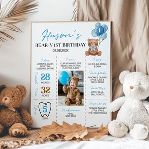 Affiche MODifiable Beary premier anniversaire, panneau photo ours en peluche, panneau de statistiques de fête bleu bohème ours, téléchargement immédiat. T004