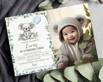 Invitation photo d’anniversaire de koala MODIFIABLE, invitation d’anniversaire de koala, invitation d’anniversaire d’animal australien, invitation de 1er anniversaire. Imprimable. K001