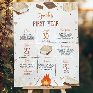 Letrero de cumpleaños con S'mores, letrero rústico de cumpleaños con fogata, editable con temática de bosque, tablero de hitos para fiesta de camping, imprimible. S022