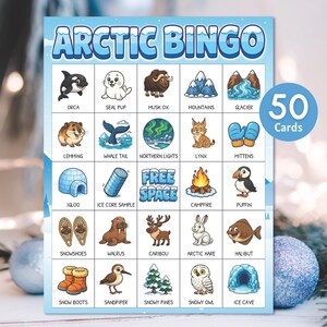 May include: A blue and white Arctic Bingo game card with illustrations of arctic animals and scenes. The card features the text "ARCTIC BINGO" at the top and "50 Cards" in a blue circle. Includes images of an orca, seal pup, and more.