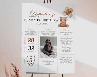 EDITABLE Beary First Birthday Milestone Poster, Teddy Bear Photo Milestone Sign, Boho Brown Bear Party Stats Board, Instant Download. T004