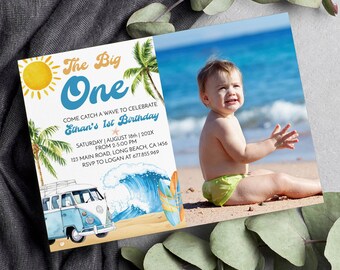 EDITABLE The Big One Birthday Invitation, Surf Birthday Party Photo Invite, Boy 1st Birthday, Beach Party, Instant Download, Printable. S012