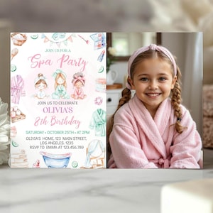 Spa-Themed Birthday Invitation for Girls, Editable Spa Day Party Photo Invite, DIY Printable, Relaxing Kids' Spa Sleepover Party. S021