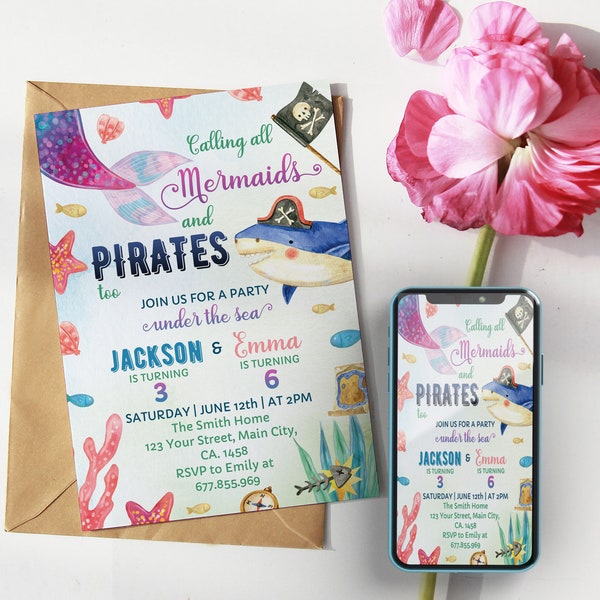 Mermaid And Pirate Birthday Invitation, Sibling Mermaid And Pirate Invite, Mermaid & Pirate Party, Editable Template, Instant Download. M002