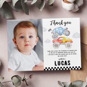 Cartão de agradecimento com foto de aniversário de Monster Truck, Cartão de lembrança de festa de aniversário de Monster Trucks, Cartão de agradecimento de aniversário de menino, Download instantâneo. M008