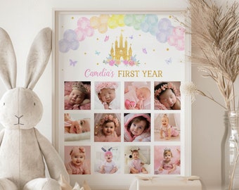 Collage fotografico modificabile per il primo compleanno di una principessa, decorazioni per feste di 12 mesi per piccole principesse, poster per il primo compleanno reale, stampabile. P001