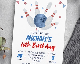 Editable Bowling Party Invitation, Bowling Birthday Invitation, Any Age Bowling Invite, Printable Template, Instant Download. B008