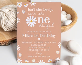 Editable Daisy Birthday Party Invitation, Daisy 1st Birthday Invitation, Isn&#39;t She Lovely Isn&#39;t She Onederful Invite, Instant Download. D003