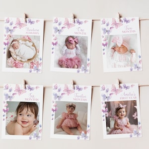 Striscione fotografico per il primo compleanno a forma di farfalla, biglietto d'auguri per il primo anno a forma di farfalla, decorazione per feste di compleanno a forma di farfalla svolazzante, modello stampabile. B011