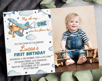 Editable Airplane First Birthday Invitation, Boy Airplane 1st Birthday Photo Invite, Oh My One Year Has Flown By, Printable Template. #A001