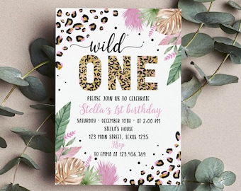 EDITABLE Wild One Birthday Invitation, Leopard Print Birthday Invitation, Jungle 1st Birthday Invitation, Instant Download W010