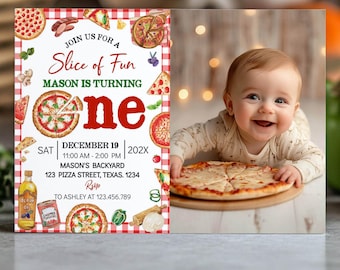 EDITABLE Pizza Party Birthday Photo Invitation , Pizza First Birthday Invite, Kids Pizza Party Birthday, Slice of Fun, Printable. P016
