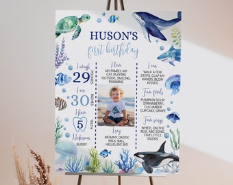 EDITABLE Under The Sea First Birthday Milestone Board, Oneder The Sea Milestone Photo Poster, Ocean Party Milestone Sign, Printable. O004