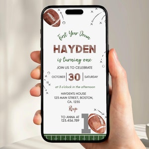 First Year Down Invitation, Football 1st Birthday Invitation, Boy 1st Birthday Evite, Sports Birthday Party, Printable Template. F016