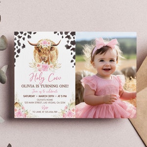 EDITABLE Holy Cow I&#39;m One Invitation, Cow First Birthday Invitation, Highland Cow Birthday Invite, Farm Party, Printable Template. C007