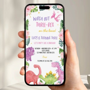 EDITABLE Dinosaur Birthday Invitation Girl, Three Rex Invitation, Dinosaur Invitation, Three-Rex Birthday Evite, Digital Invitation. D006