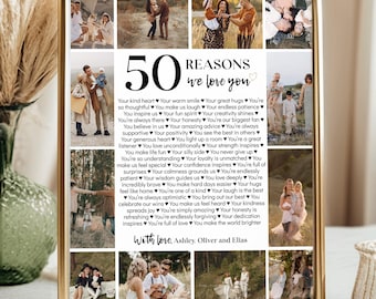 Editable 50 Reasons We Love You Poster, 50th Birthday Gift for Him for Her, Custom Photo Collage Gift, Personalized Printable Template. M004