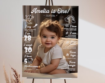 EDITABLE First Birthday Milestone Sign, 1st Birthday Photo Milestone Poster, One Year Of Baby Milestone Board, Printable Template. MI02