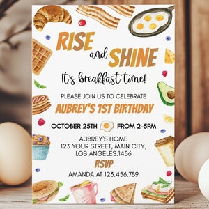 Invitación editable para el primer cumpleaños con desayuno, invitación para el brunch de cumpleaños, invitación de cumpleaños para cualquier edad, cumpleaños con desayuno, imprimible. B020