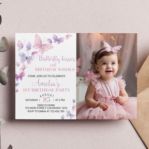 Faire-part d'anniversaire papillon MODIFIABLE, invitation à une fête papillon, papillon pastel 1er anniversaire pour fille, téléchargement immédiat. B011