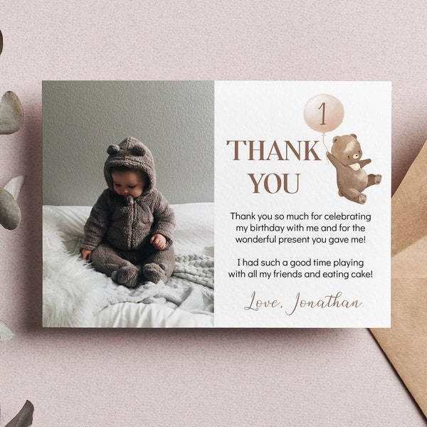 EDITABLE Beary First Birthday Thank You Card, Minimal Modern Picture Thank You Card, Bear Birthday Party Favor Card, Instant Download. B009