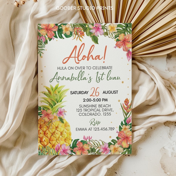 EDITABLE Luau Birthday Invitation, Aloha Birthday Party Invite, Girl 1st Birthday Tropical Birthday Invitation, Printable Template. L005