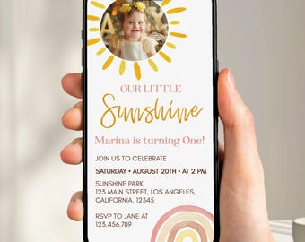 Boho Rainbow 1st Birthday Invitation, Our Little Sunshine Birthday Invitation, Photo Birthday Evite, Girl Digital Invitation. S014