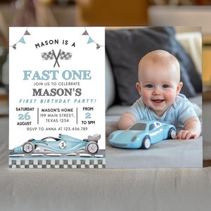 EDITABLE Fast One Birthday Invitation, Race Car Birthday Photo Invitation, Racing Car Boy 1st Birthday Invite, Printable Template. R012