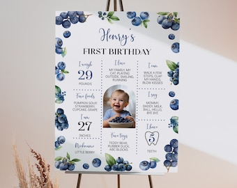 Blueberry First Birthday Milestone Sign, Berry Sweet Birthday Milestone Poster, Boy Blueberries Photo Milestone Board, Instant Download B013