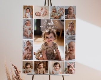 May include: A collage of photos of a baby girl celebrating her first birthday. The photos are arranged in a grid pattern and feature the baby in various poses and outfits. The text "Amelia. My First Year." is written in a cursive font at the top of the collage.