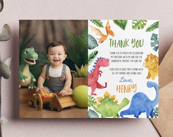 EDITABLE Dinosaur 1st Birthday Thank You Card, Dinosaur Birthday Picture Thank You Card, Dinosaur Birthday Party Printable Template D006